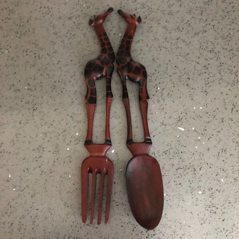 Hand Carved Wood Giraffe Fork and Spoon Serving Set 13 Inch Safari Kitchen Decor